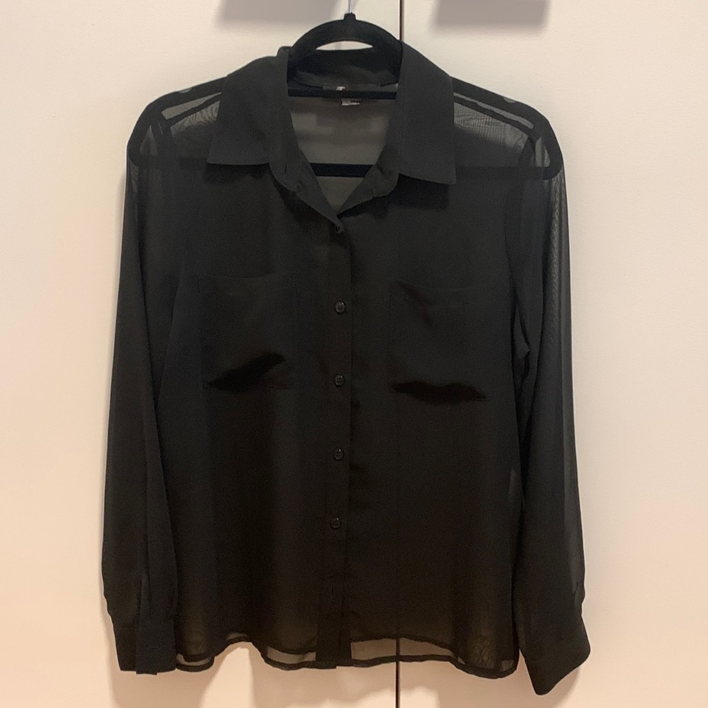 Womens size M Collared Black Sheer Button Down